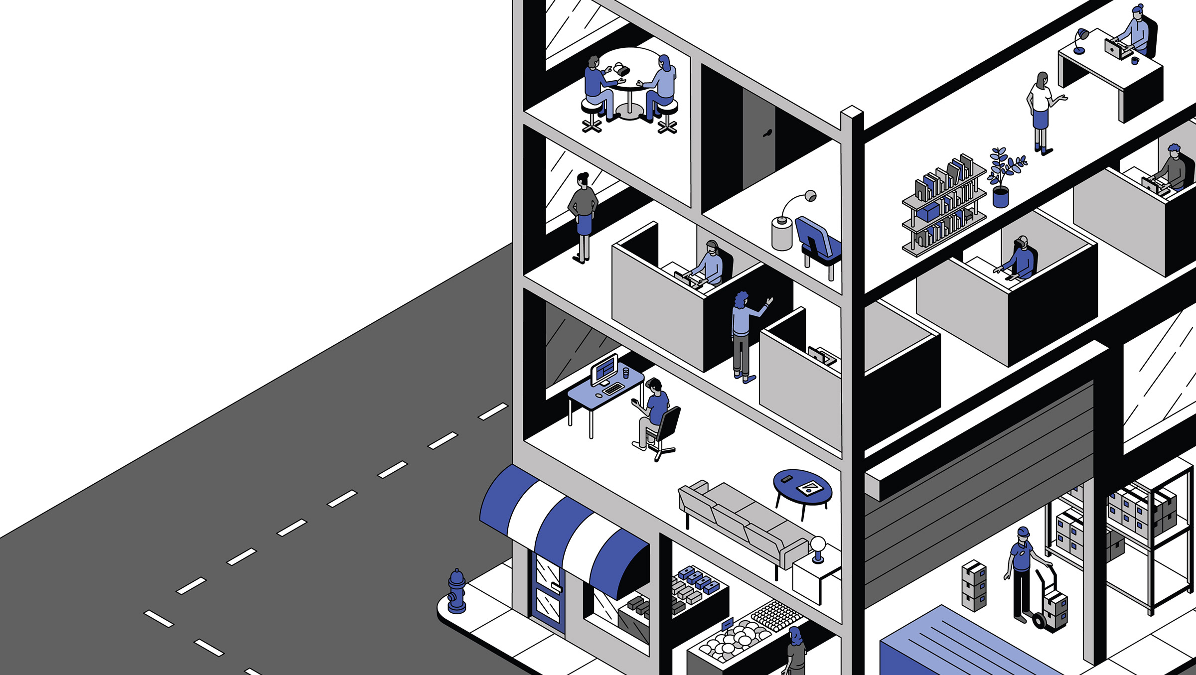 illustration of people working in a buildling