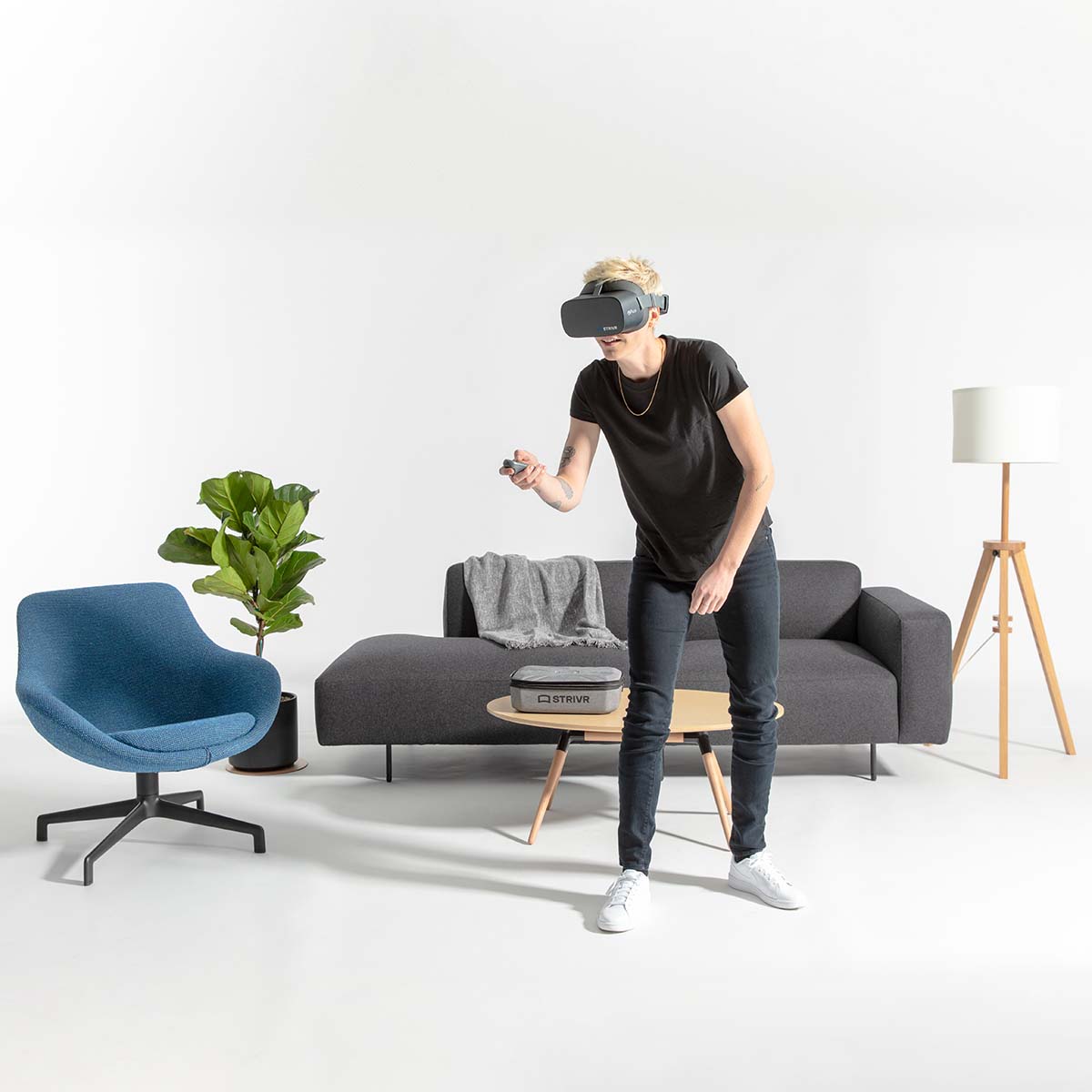 person using vr headset in living room